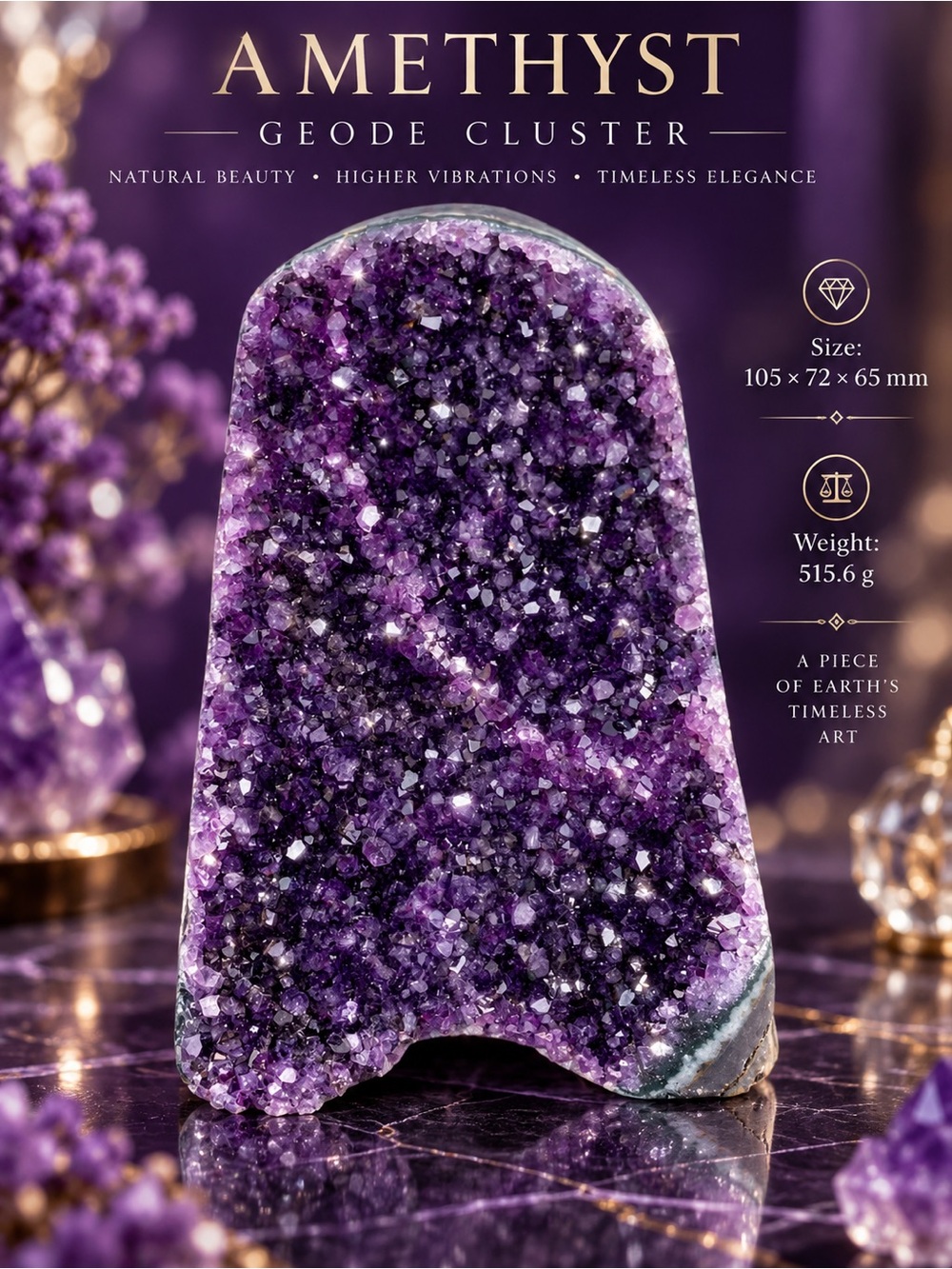 Natural Amethyst Geode 515.6g /1.14 lbs w/Wooden Stand Purple Quartz Home Decor.